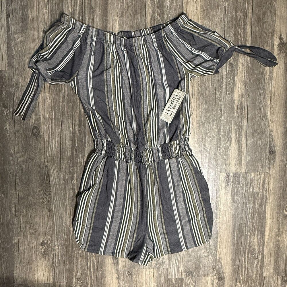 Derek Heart Romper Womens S Multi Striped Tie Sleeve Smocked Waist Off Shoulder